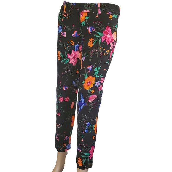 Old Navy Black Floral Pants Mid Rise Women's 10 Reg Pockets Belt Loops - Picture 4 of 10